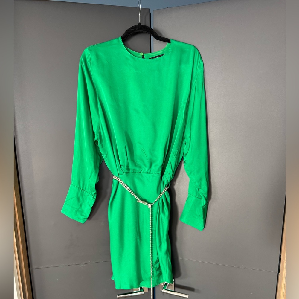 Mango Emerald Green Long-Sleeve Dress with Chain Detail